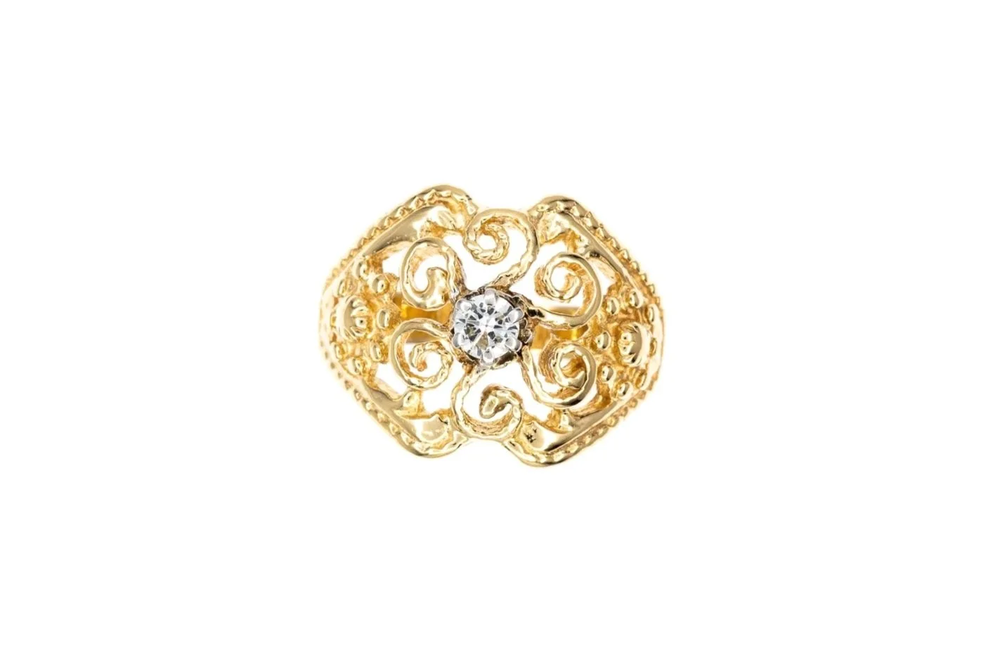 (T)Yellow Gold Solitaire Round Brilliant Cut Diamond Filigree Carved Engagement Ring