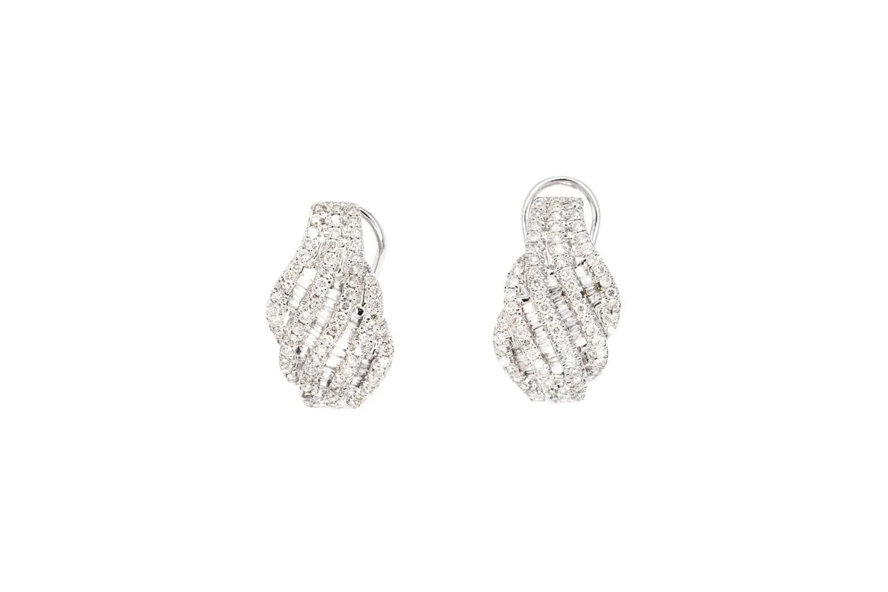 (T)White Gold Round Brilliant Baguette Cut Diamond Hoop Stud Earrings