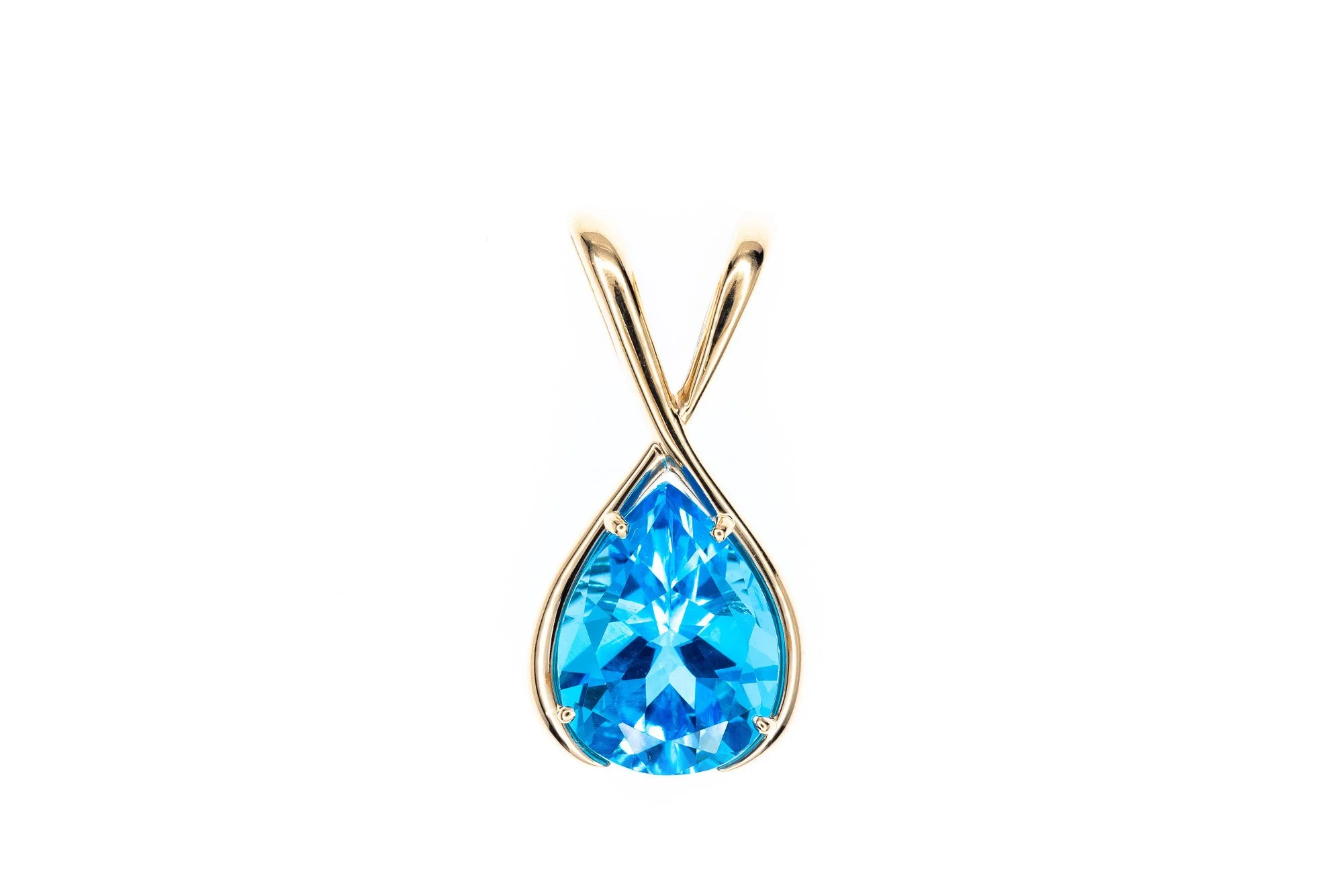 (T)Yellow Gold Solitaire Blue Topaz Drop Pendant