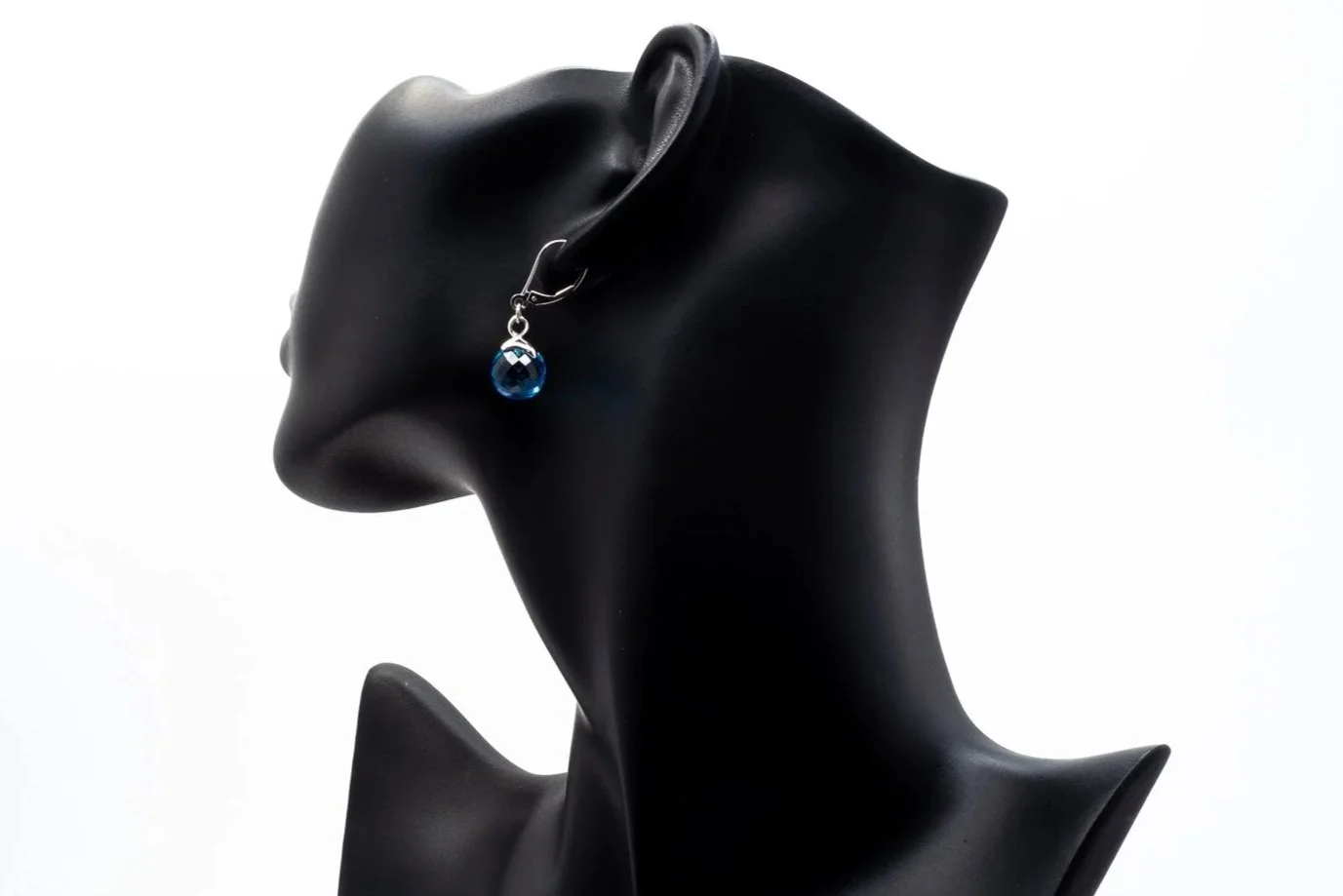 (B)White Gold Solitaire Blue Topaz Bead Drop Dangle Lever Back Earrings