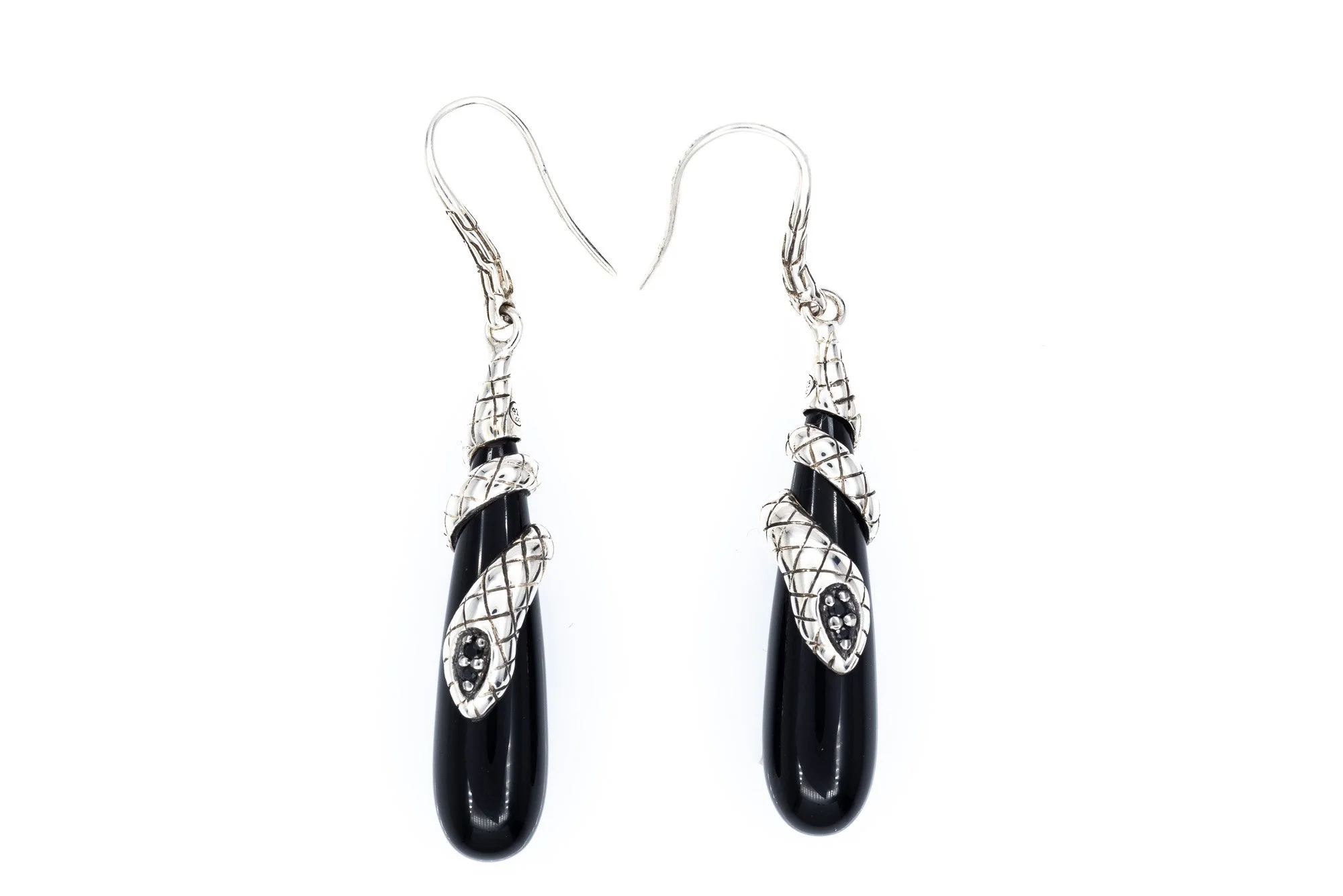 (T)Sterling Silver Black Onyx Sapphire Drop Dangle John Hardy Hook Earrings