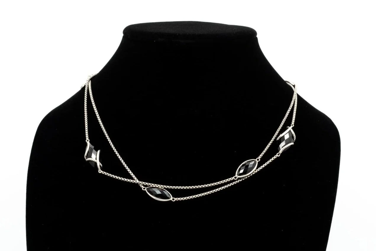 (F)Sterling Silver Black Onyx David Yurman Designer Station Necklace