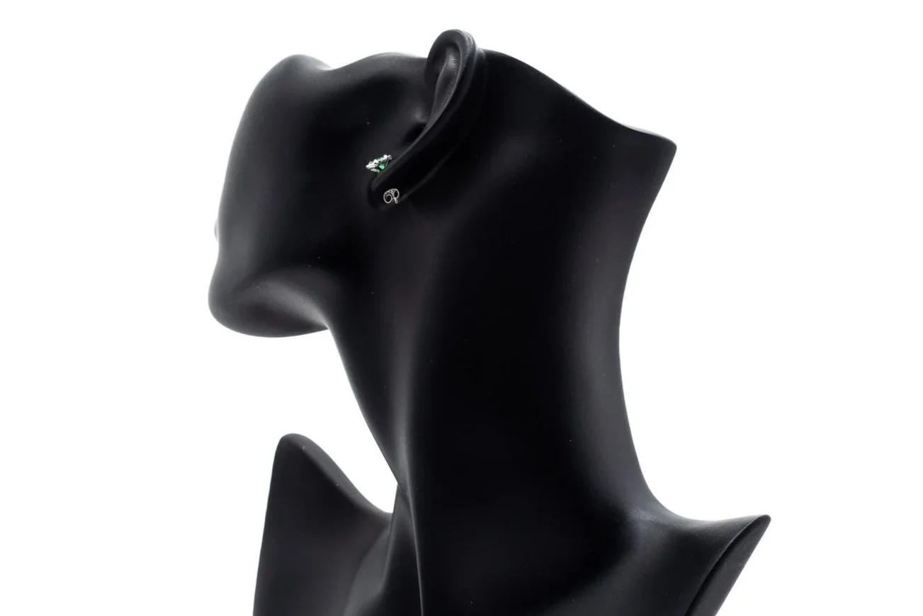 (B)White Gold Diamond Emerald Halo Stud Earrings