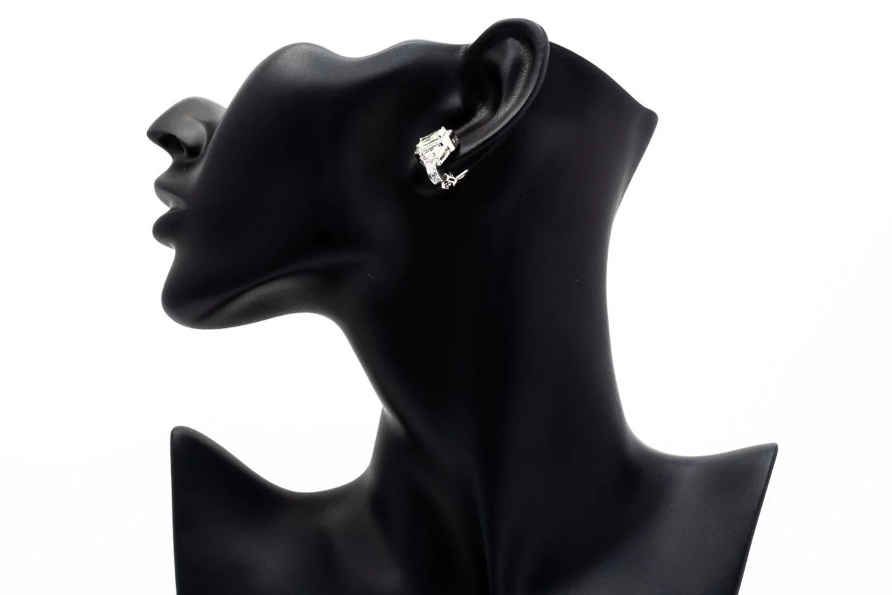 (S)Platinum Radiant Trapezoid Step Cut Diamond Drop Stud Earrings