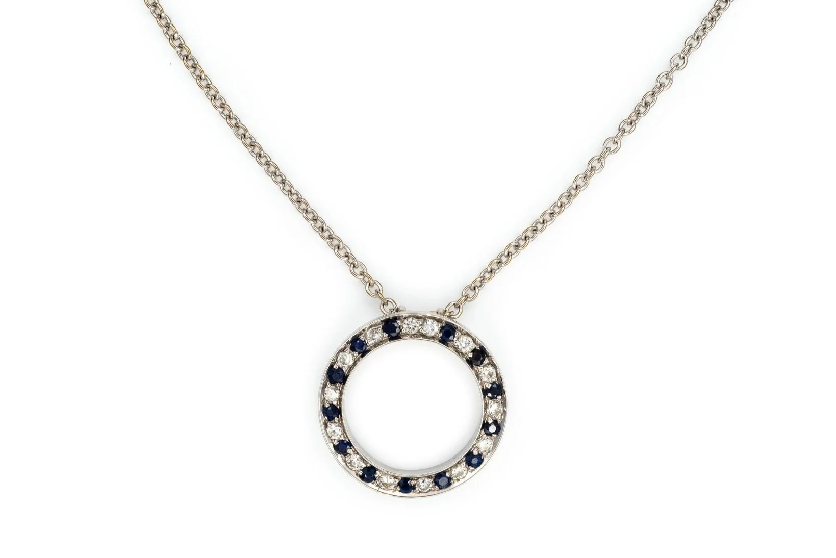 (T)White Gold Diamond Sapphire Open Circle Slider Pendant