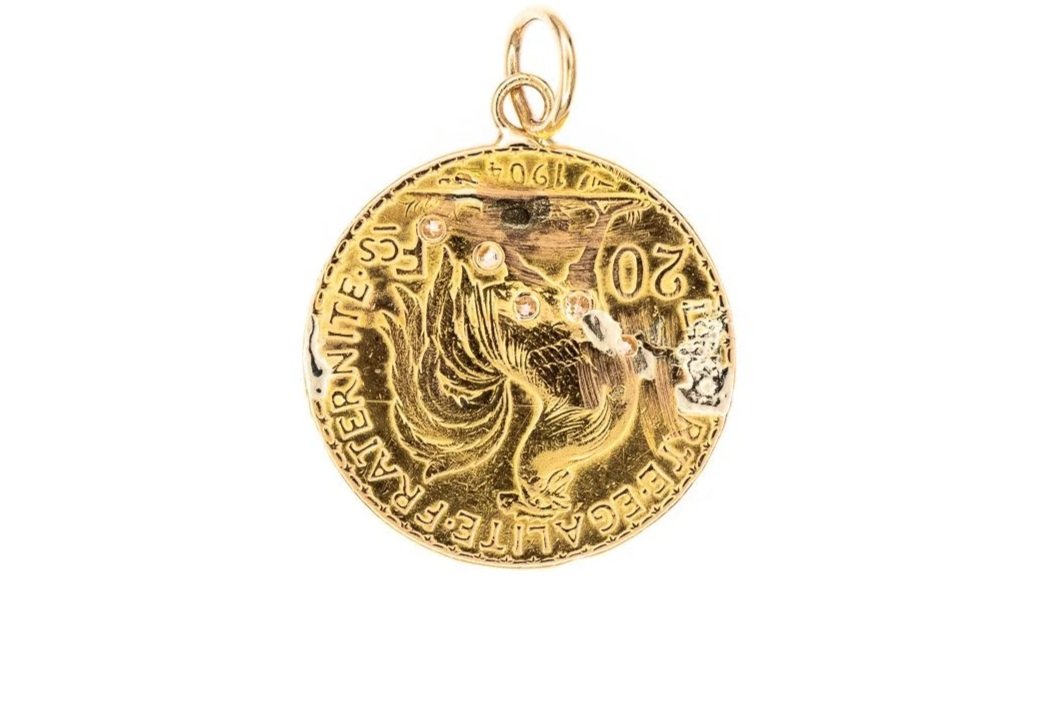 (B)Yellow Gold Single Cut Diamond French Francs Coin Pendant