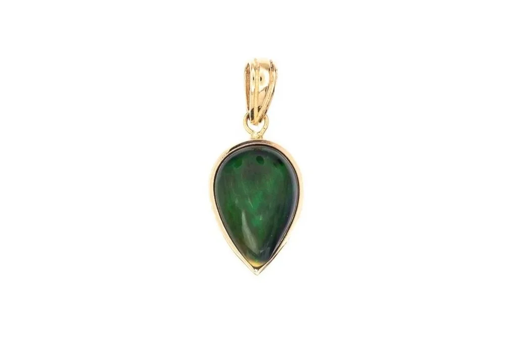 (T)Yellow Gold Solitaire Ethiopian Treated Black Hydrophane Opal Drop Dangle Pendant