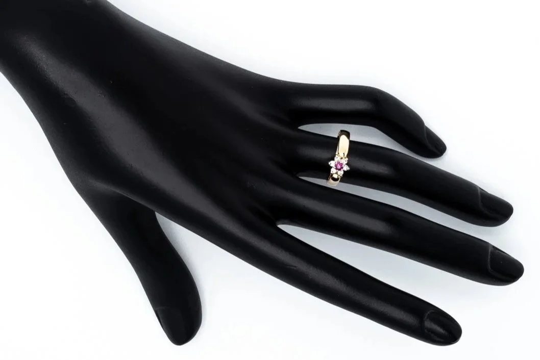 (H)Yellow Gold Diamond Ruby Cluster Gemstone Ring