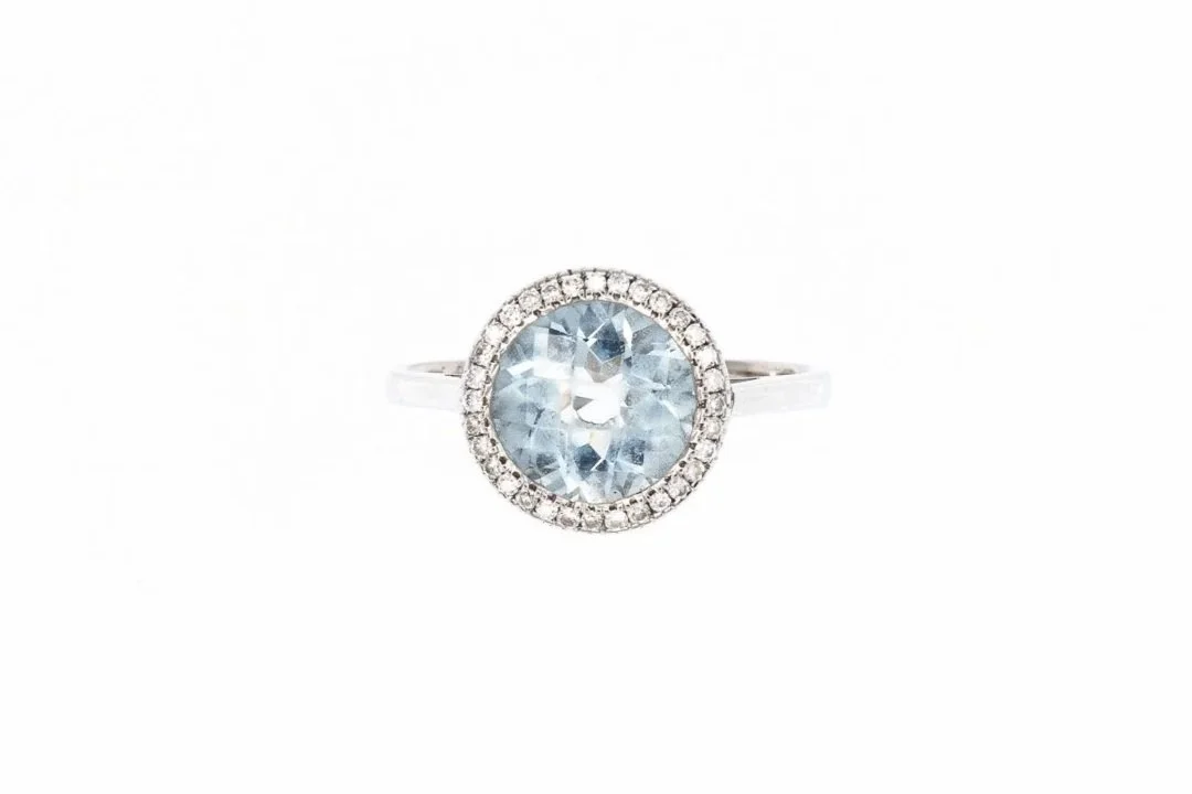 (T)White Gold Diamond Aquamarine Gemstone Ring
