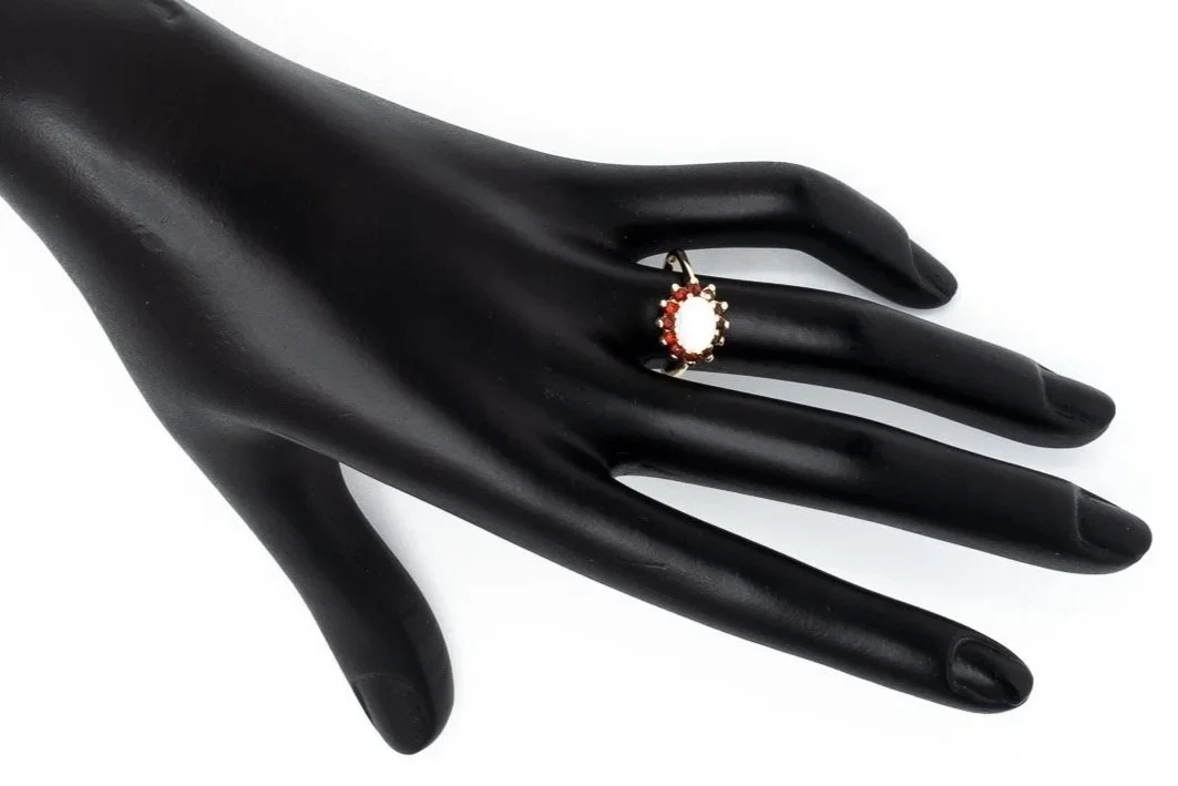 (H)Yellow Gold Almandine Garnet White Opal Birks Gemstone Ring