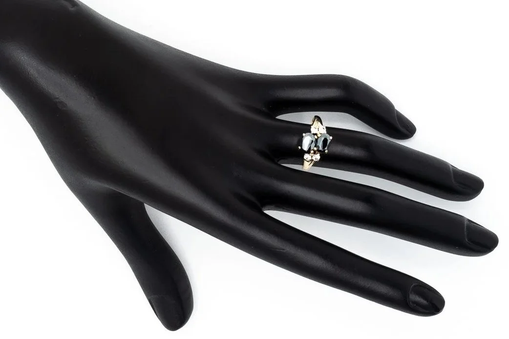 (H)Yellow Gold Synthetic White Spinel Hematite Gemstone Ring