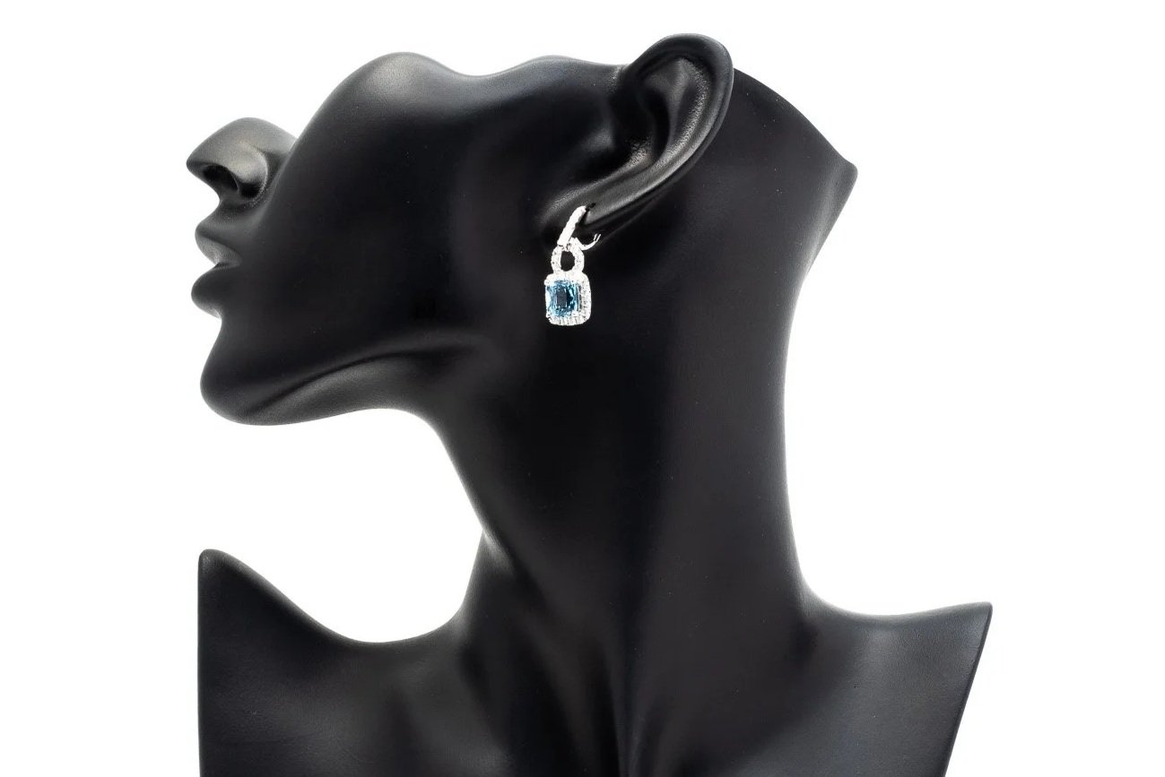 (S)White Gold Diamond Aquamarine Drop Dangle Lever Back Simon G Stud Earrings