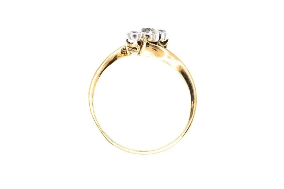 (F)Yellow White Gold Old Mine Cut Antique Three Stone Multi Diamond Ring