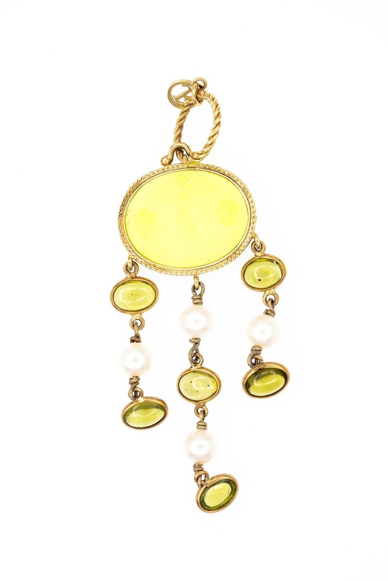 (T)Yellow Gold Freshwater Cultured Pearl Venetian Glass Cameo Peridot Drop Dangle Pendant