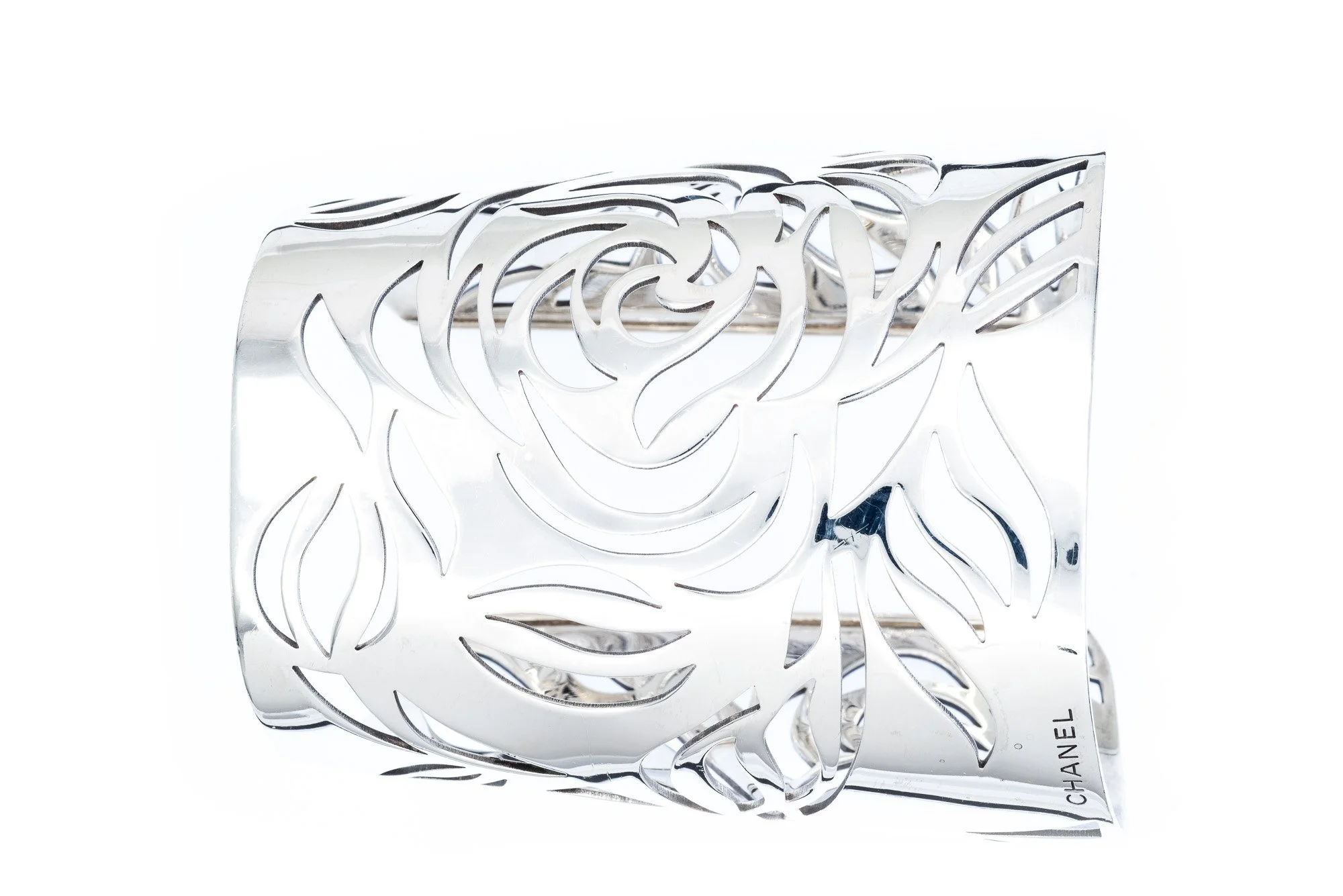 (F)Sterling Silver Designer Chanel Camellia Cuff Bracelet