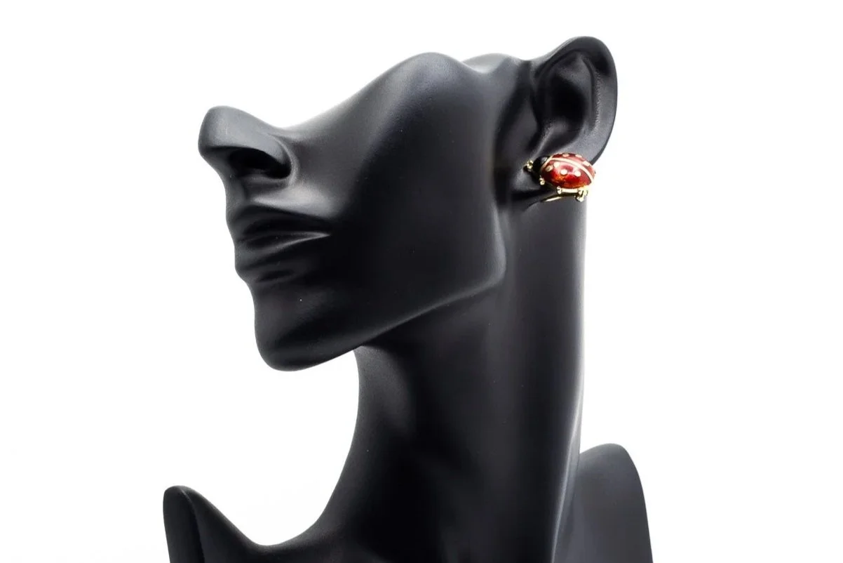 (F)Yellow Gold Red Enamel Lady Bug Stud Earrings