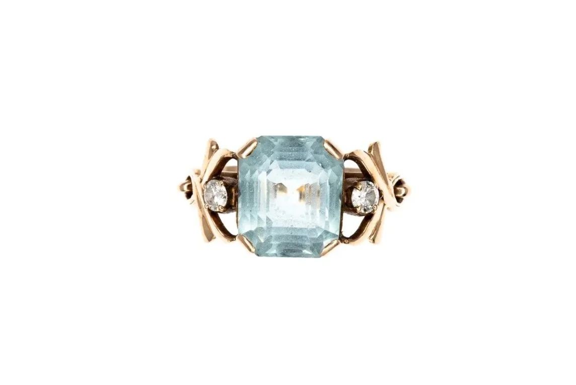 (T)Yellow Gold Diamond Aquamarine Gemstone Ring
