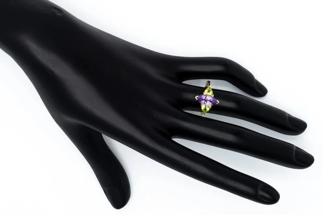 (H)Yellow Gold Peridot Amethyst Three Stone Gemstone Ring