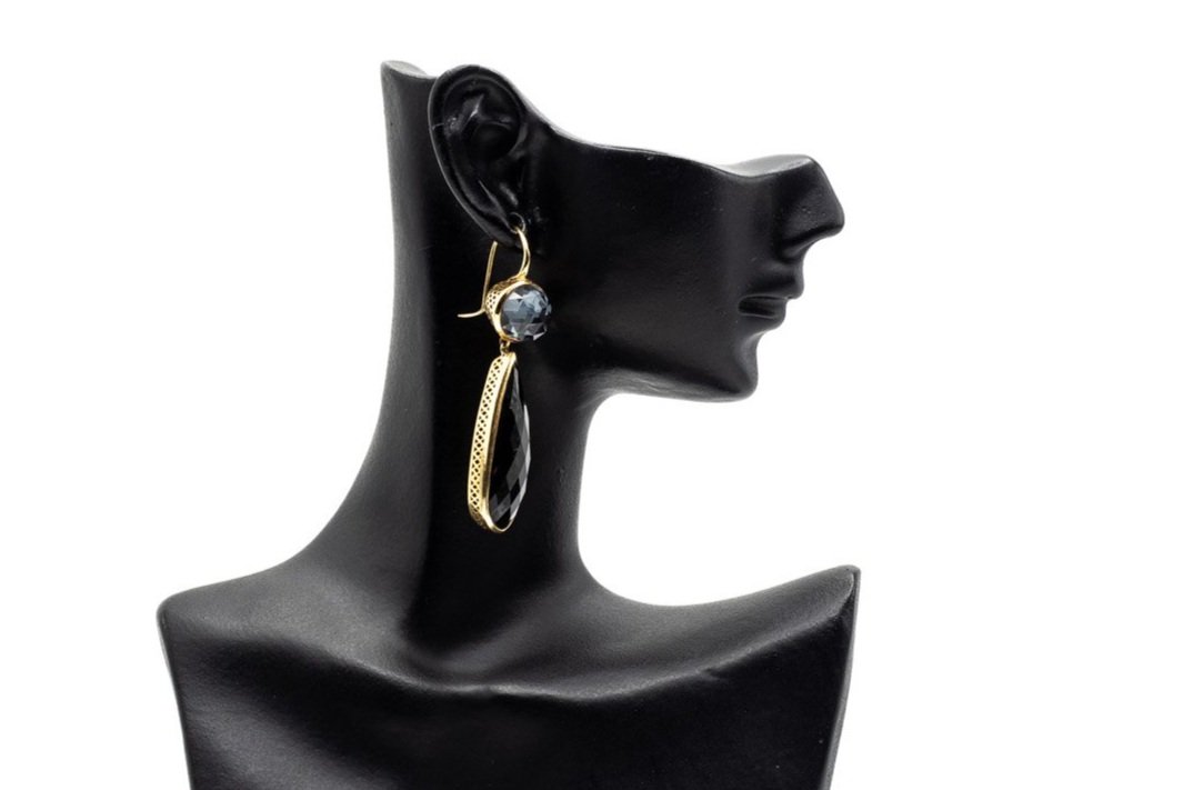 (S)Yellow Gold Black Onyx Hematite Doublet Drop Dangle Shepherd Hook Earrings