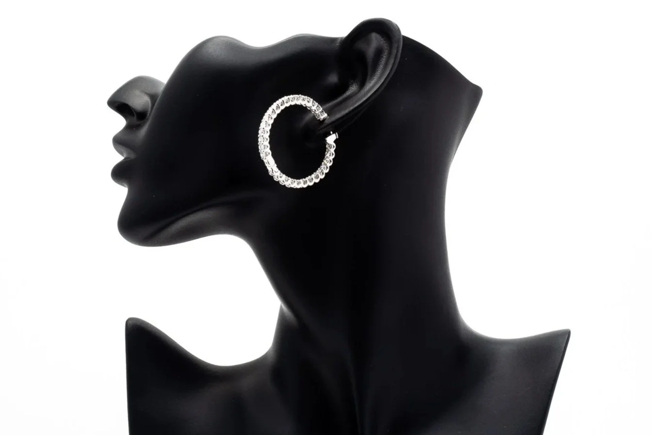(S)White Gold Round Brilliant Cut Diamond Inside Outside Hoop Earrings