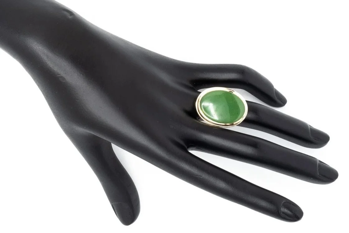 (H)Yellow Gold Solitaire Nephrite Jade Gemstone Ring