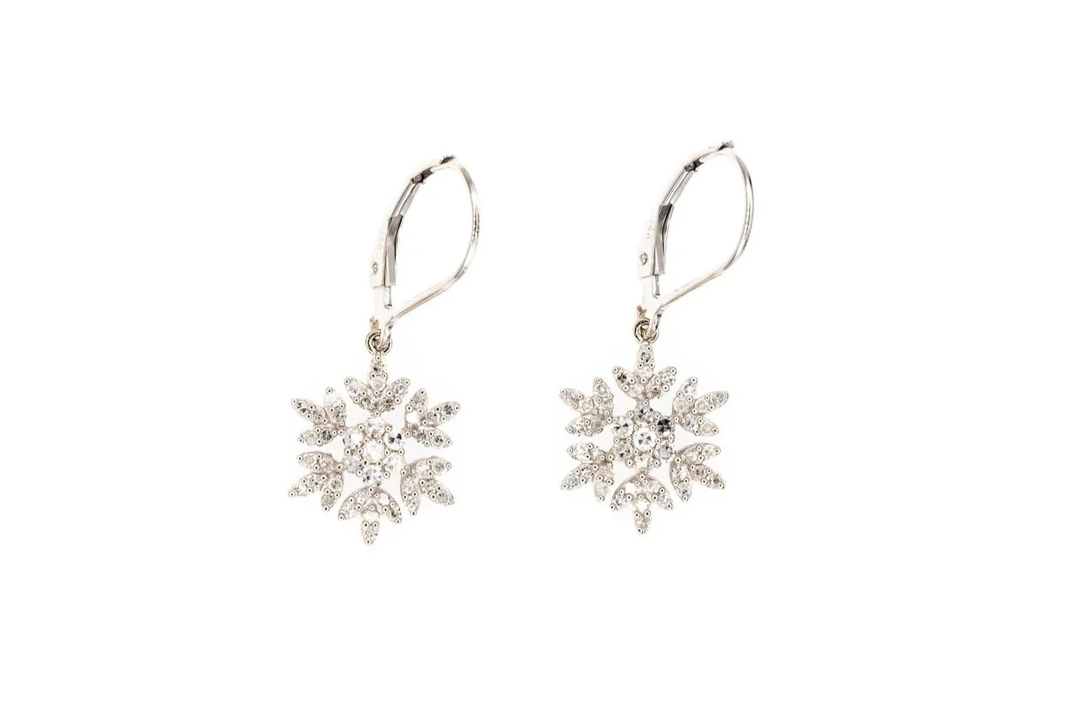 (T)White Gold Drop Dangle Lever Back Snowflake Motif Earrings