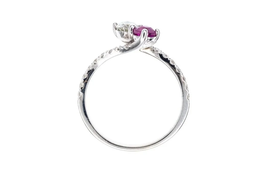 (F)White Gold Diamond Ruby Bypass Gemstone Ring