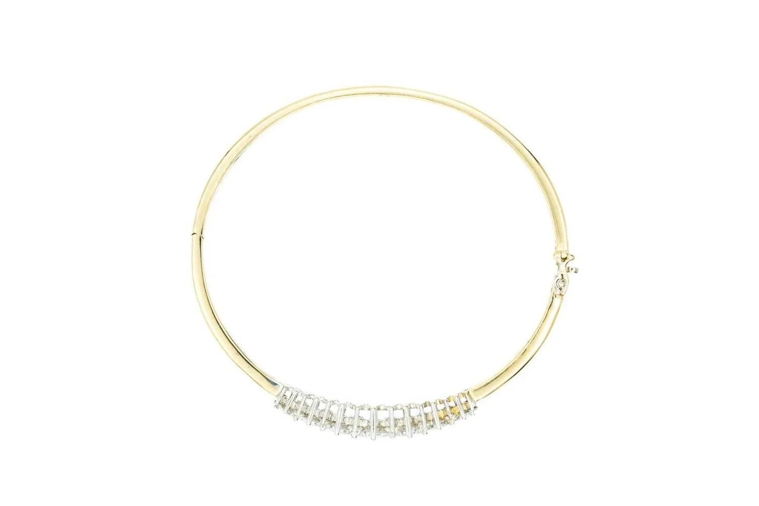 (T)Yellow Gold Princess Cut Round Brilliant Cut Diamond Hinged Bangle Bracelet