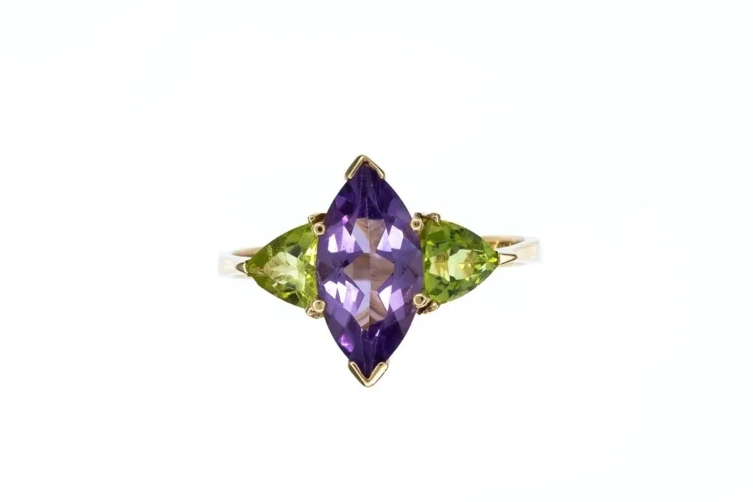 (T)Yellow Gold Peridot Amethyst Three Stone Gemstone Ring