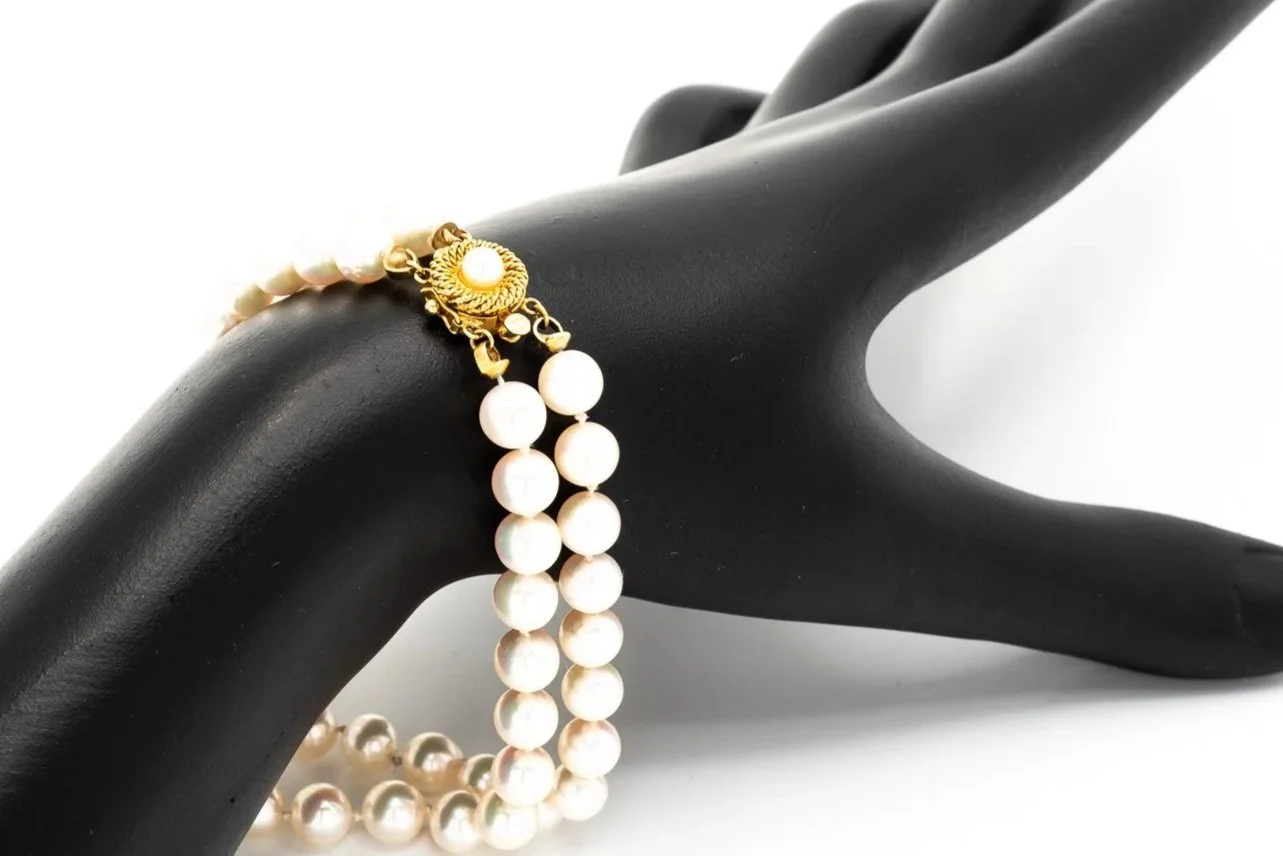 (W)Yellow Gold Akoya Cultured Pearl Knotted Double Strand Bracelet
