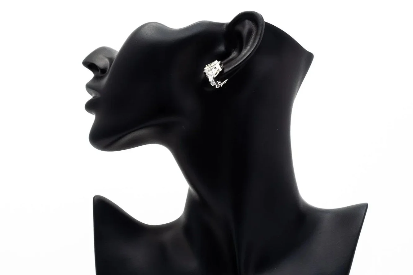 (S)Platinum Radiant Trapezoid Step Cut Diamond Drop Stud Earrings