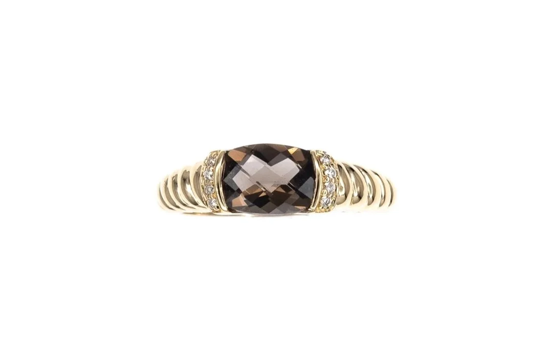 (T)Yellow Gold Diamond Smoky Quartz Gemstone Ring