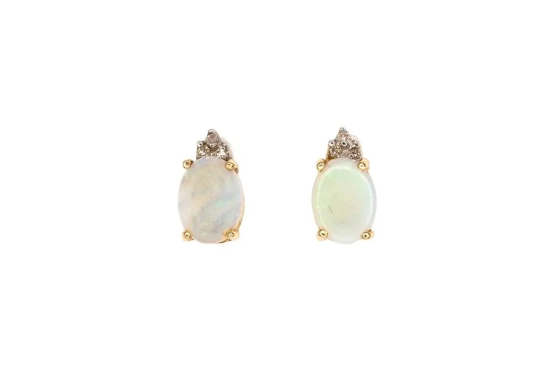 (T)Yellow Gold Diamond White Opal Drop Stud Earrings