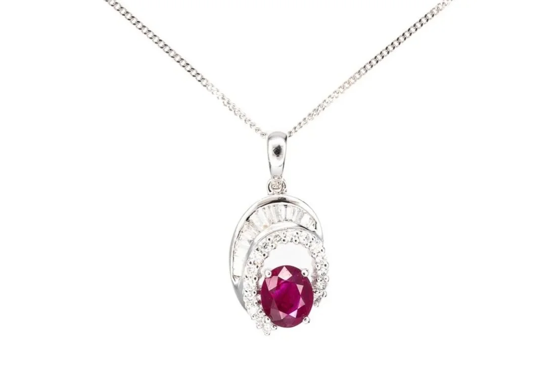 (T)White Gold Diamond Ruby Drop Dangle Pendant