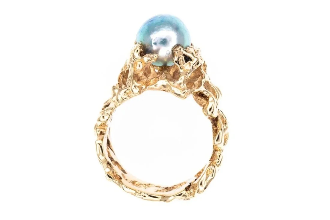(F)Yellow Gold Solitaire Akoya Cultured Pearl Organic Gemstone Ring