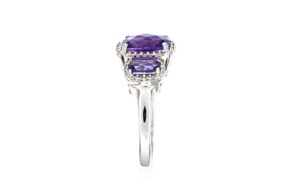 (S)White Gold Diamond Amethyst Gemstone Ring