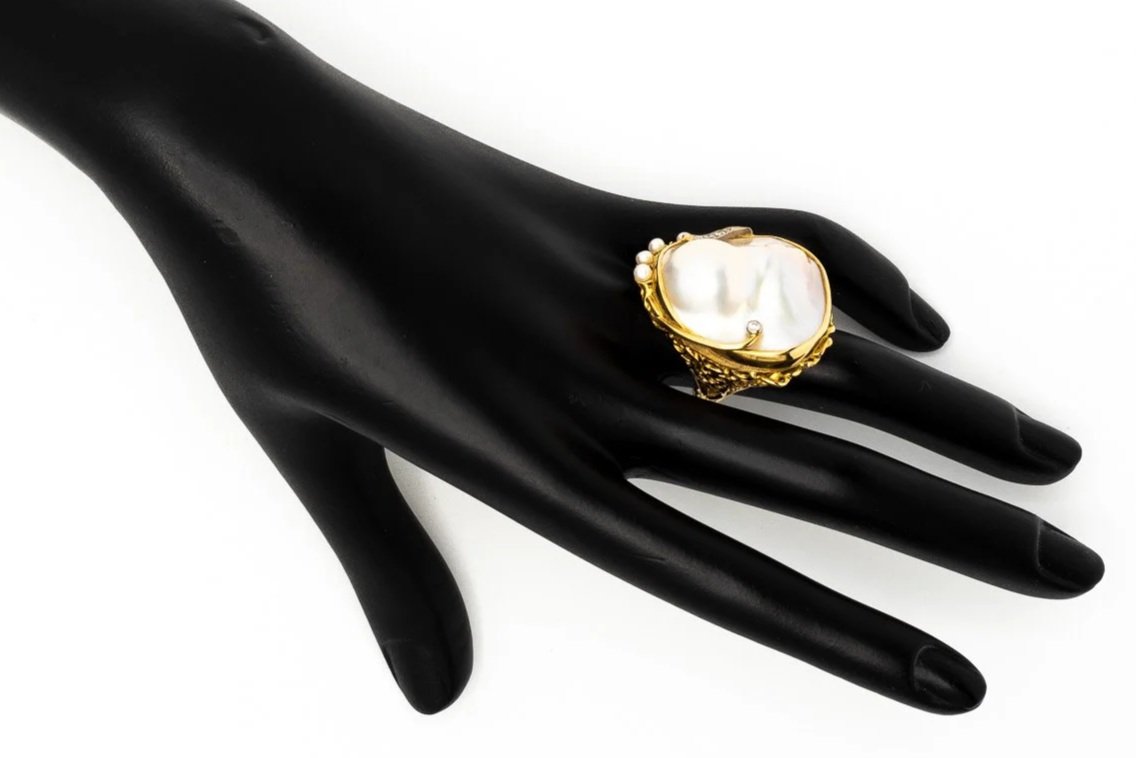 (H)Yellow Gold Diamond Pearl Gemstone Ring