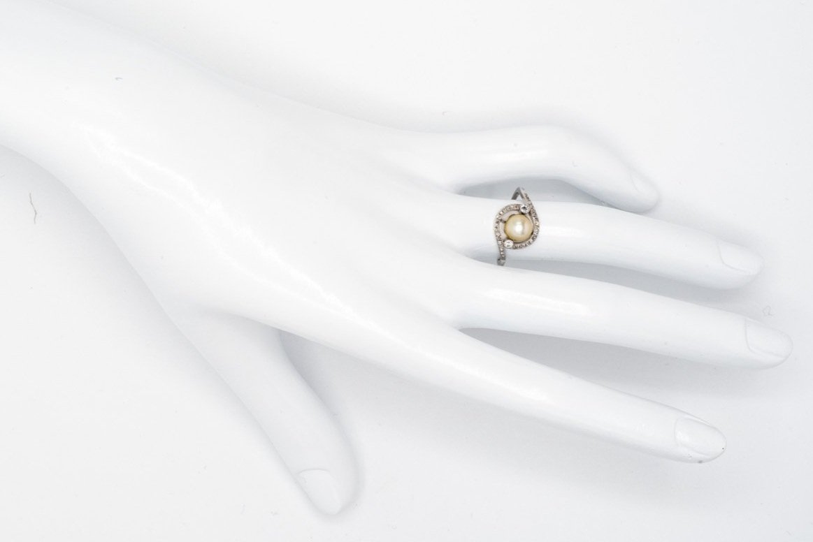 (H)Platinum Old Mine Cut Diamond Natural Pearl Gemstone Ring