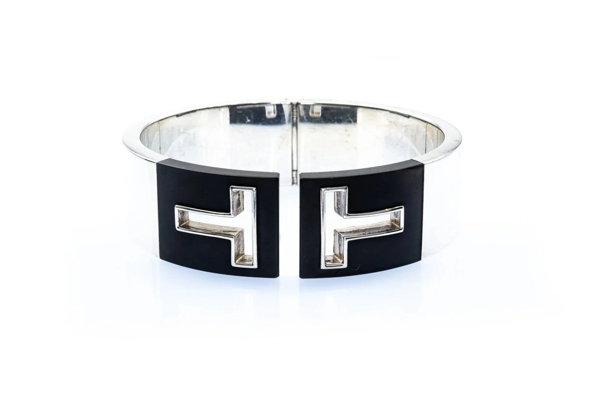 (F)Sterling Silver Black Ceramic Tiffany Hinged Bangle Bracelet
