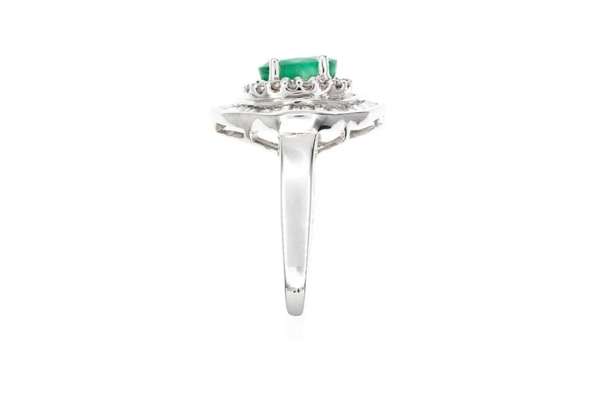 (S)White Gold Baguette Diamond Emerald Cluster Gemstone Ring