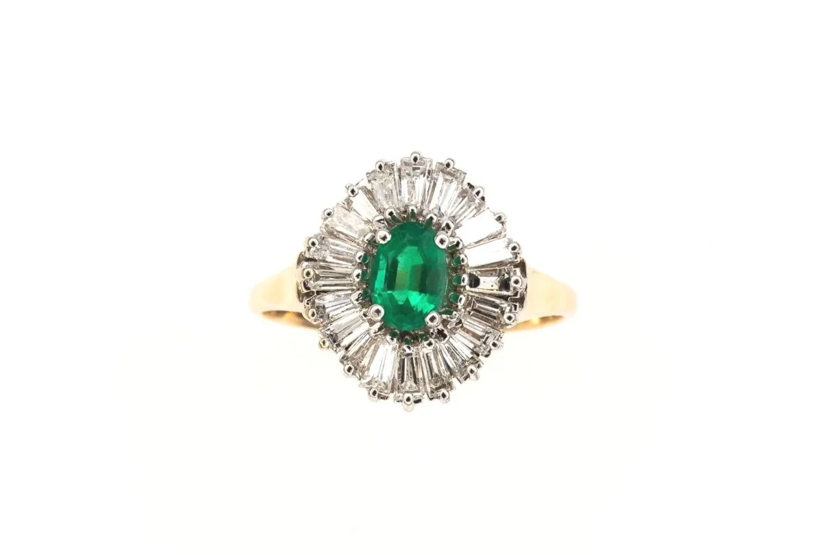 (T)Yellow White Gold Diamond Emerald Cluster Gemstone Ring