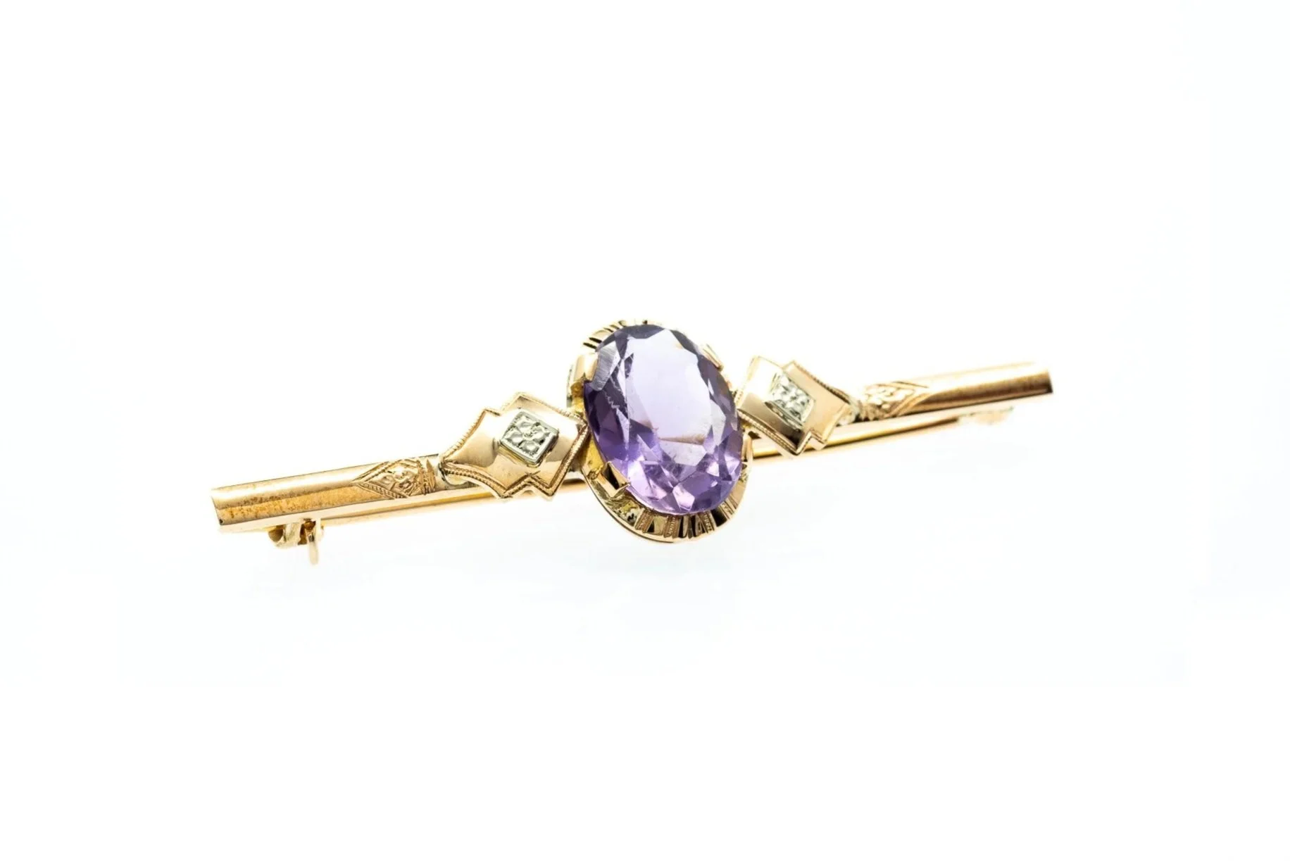 (F)White Yellow Gold Solitaire Amethyst Brooch