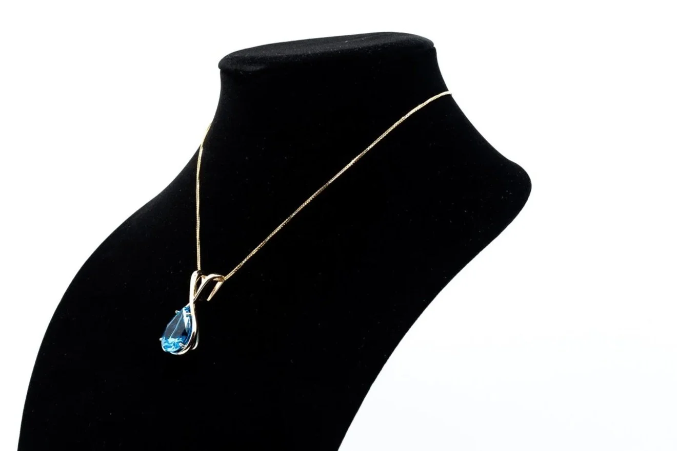 (S)Yellow Gold Solitaire Blue Topaz Drop Pendant