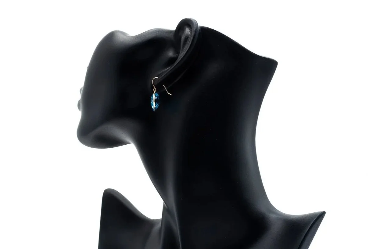 (B)Yellow Gold Solitaire Blue Topaz Drop Dangle Shepherd Hook Earrings