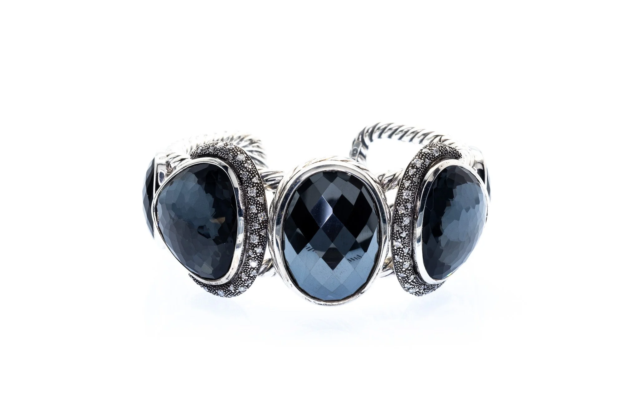 (F)Sterling Silver Stainless Steel Hematite Black Onyx Diamond Yurman Cuff Bracelet