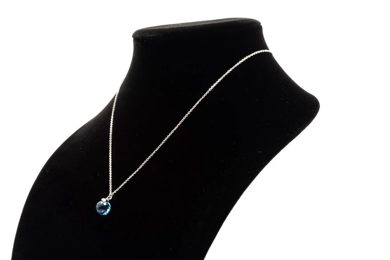 (S)White Gold Solitaire Briolette Faceted Blue Topaz Bead Drop Pendant