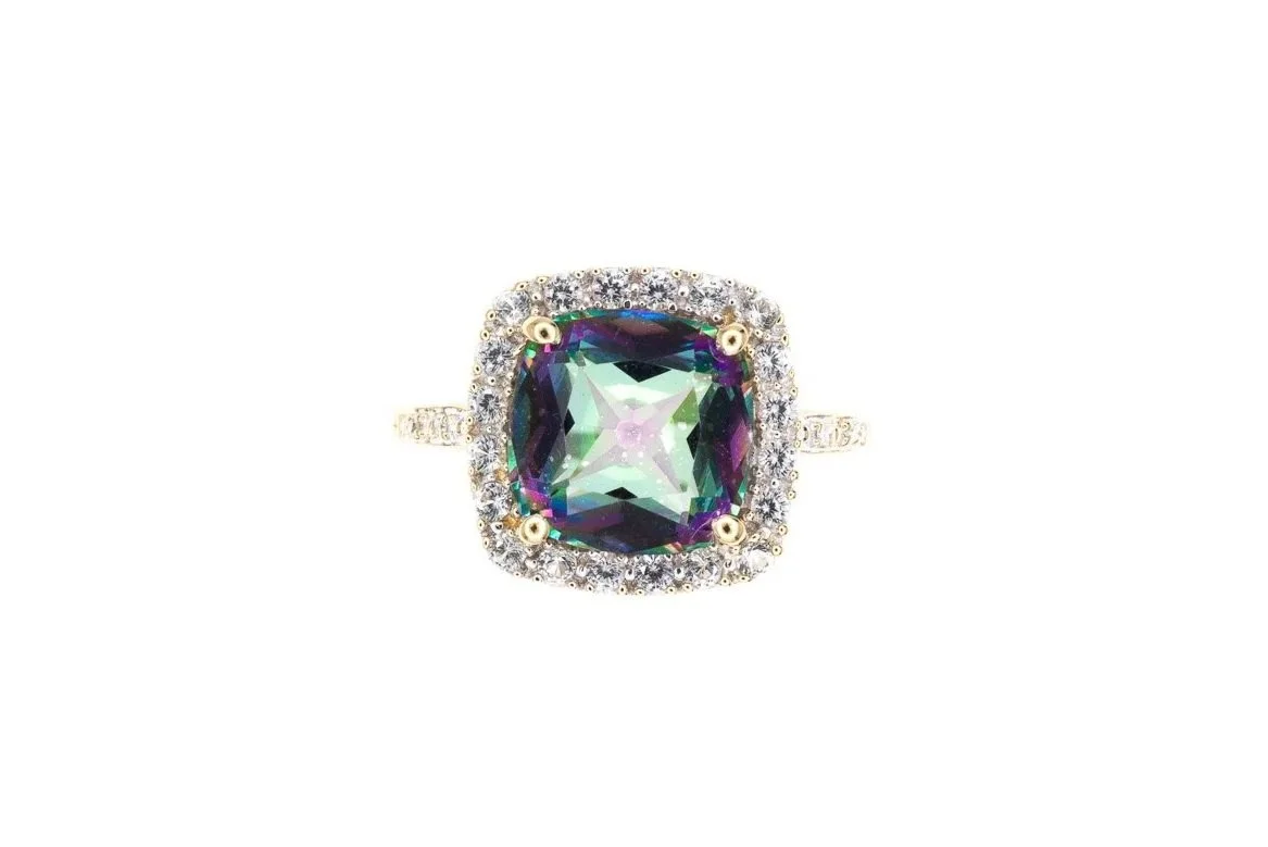 (T)Yellow Gold Diamond Mystic Topaz Gemstone Ring