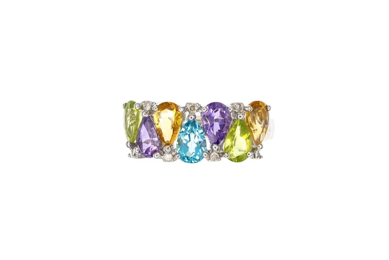 (T)White Gold Citrine Amethyst Peridot Blue Topaz Gemstone Ring