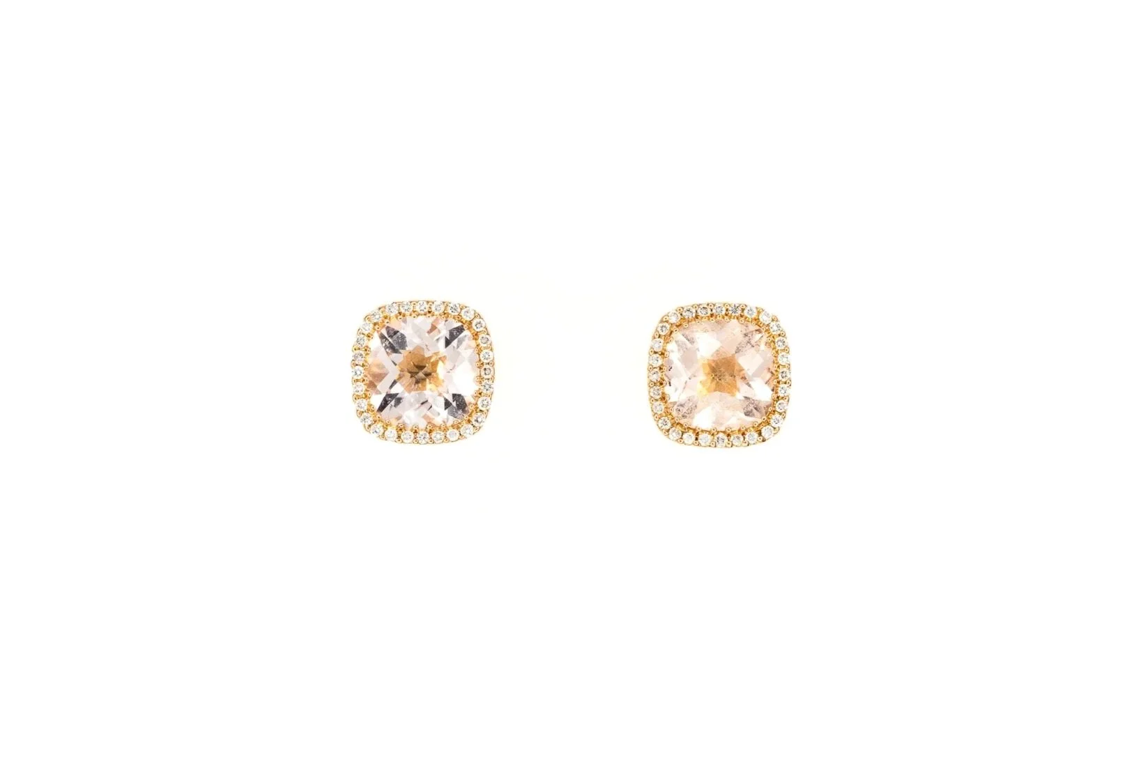 (T)Rose Gold Round Brilliant Cut Diamond Morganite Cushion Halo Stud Earrings