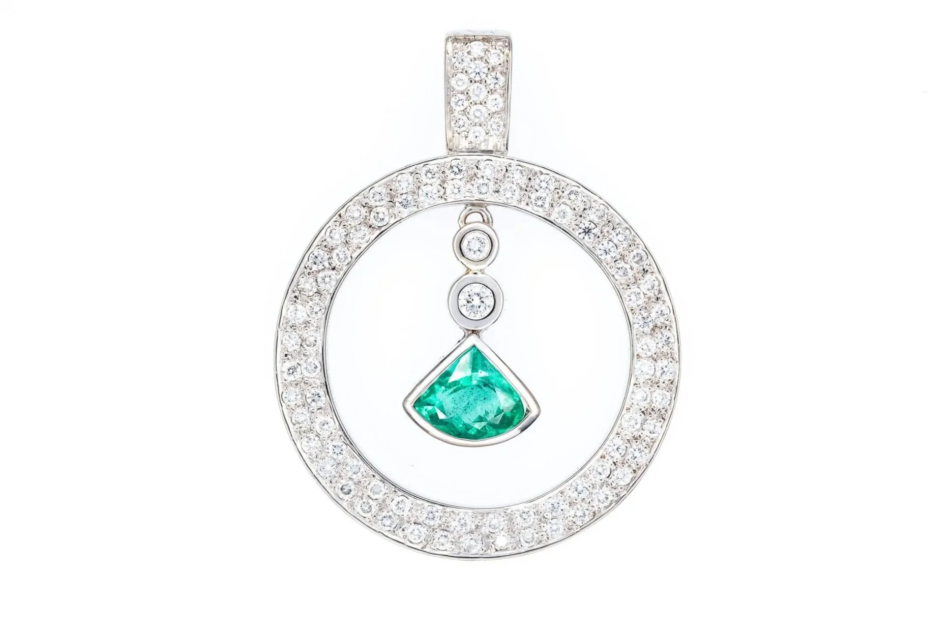 (T)White Gold Diamond Emerald Drop Dangle Pendant